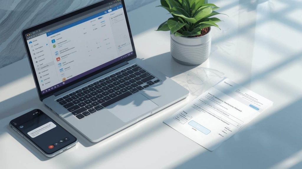 Realistic office setup showing laptop, smartphone, and invoice representing email mistakes and SMS mistakes, emphasizing automated invoice reminders and efficient communication.