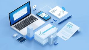 Illustration showing a laptop, smartphone, and invoice representing email mistakes and SMS mistakes, highlighting automated reminders and efficient invoice management.