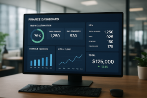 Finance dashboard displaying invoice automation metrics for email and SMS reminders, highlighting KPIs, overdue invoices, and cash flow analytics.